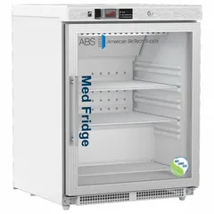 Undercounter pharmacy refrigerator with 4.6 cu ft capacity, white finish, and right-opening swing glass door. Maintains temperature range of 1°C to 10°C. Uses R-600a refrigerant and includes a temperature alarm. Suitable for storing vaccines, medications, and other temperature-sensitive pharmaceuticals in pharmacies, clinics, hospitals, and laboratories.