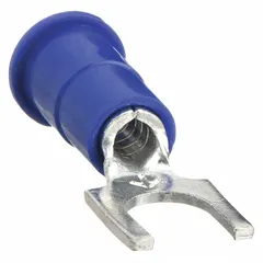 Vinyl-insulated block fork terminal from the TR Series with butted barrel. Rated 1000 V, for #8 stud size and 16-14 AWG wire. Used for secure connections in control panels and power distribution.