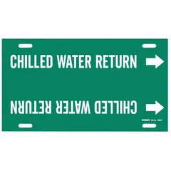 Strap-on pipe marker for identifying chilled water return piping. Green background with white legend and directional arrows. Fits pipe outer diameters from 10 to 15 inches. Includes one marker.