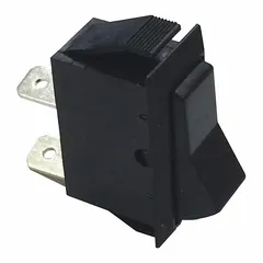 Single-pole single-throw rocker switch with Off/On function. Black actuator and stem, two 1/4 in male terminals, panel mount design. Suitable for controlling DC circuits in vehicles, boats, and equipment.