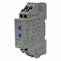 DIN rail-mounted time delay relay with adjustable timing from 0.3 seconds to 30 hours. Operates on 240V AC or 24V AC/DC supply. Used in industrial control panels for sequencing or delaying electrical operations such as motor start delays and conveyor system timing.