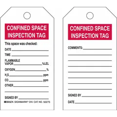 Red confined space inspection tag with write-on surface and cable tie fastener. Includes fields for date, time, flammable vapor check, comments, and signature. Supplied in a 25-pack for documenting entry checks in confined spaces.