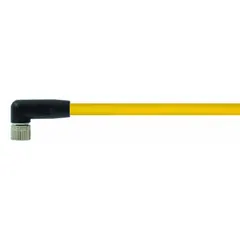 Single-ended cordset with a yellow PUR jacket for twisting applications. Features an M8 female right-angle connector on one end and bare wire on the other. 3 pins, 24 AWG wire size, 1.5 m cable length. IP65 rated. Suitable for connecting sensors and actuators in industrial environments where resistance to oils and abrasion is required.