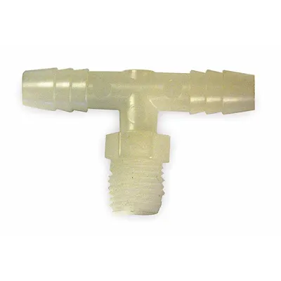 ELDON JAMES Barbed Tee: 1/2 in Pipe x 1/4 in ID x 1/4 in ID size, MNPT x Barbed x Barbed - Standard Polypropylene Barbed Tube Fittings