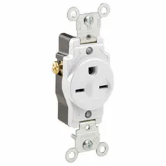 Single general-purpose receptacle with NEMA 6-15 configuration, rated 15 A at 250 V AC. 2-pole, 3-wire grounding design in a white finish. Suitable for powering equipment requiring a 250 V supply in commercial or industrial environments.