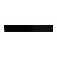 This metallic badge measures 2 1/2 inches by 3/8 inches and is finished in black. Made of metal, it features a clutch pin attachment for secure fastening to fabric or panels. Commonly used for identification, branding, or decorative purposes on uniforms, equipment, or industrial gear.