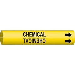 Yellow snap-on pipe marker with black 'Chemical' legend and directional arrows. Fits pipe outer diameters from 1-1/2 to 2-3/8 inches. Used to identify pipes carrying chemical substances in industrial facilities, refineries, and processing plants.