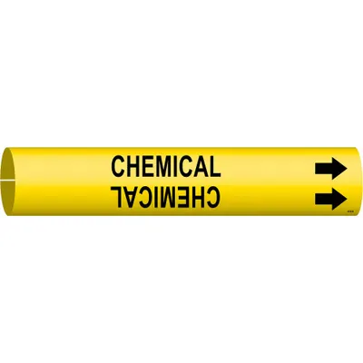 BRADY Pipe Marker: Chemical, Yellow, Black, Fits 1 1/2 to 2 3/8 in Pipe O.D. - Chemical Snap-On Pipe Markers