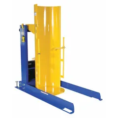 Stationary hydraulic drum dumper for 30-gallon metal drums. Features a steel chute and steel housing, with a clamp for drum securing. Powered by 115V AC via a power cord; batteries not included. Capacity 1,500 lb. Suitable for lifting and tilting drums in industrial material handling applications.