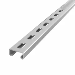 This steel strut channel features a pre-galvanized zinc finish in gray, with a 12 ga gauge and narrow slotted perforations spaced at 8 mm. It is used for supporting and securing mechanical, electrical, and plumbing systems in industrial and commercial construction.