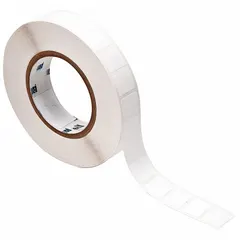 White autoclavable polyester precut label roll measuring 29/32 in x 29/32 in. Designed for use with i7100 printer series and R6406 ribbon. Suitable for durable identification in environments requiring sterilization, such as medical, laboratory, and manufacturing asset tracking.