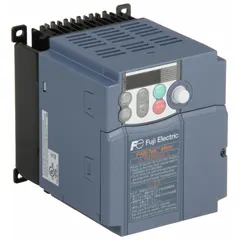 This variable frequency drive features single-phase input and three-phase output at 200-240V AC, rated for 1 hp with no bypass. It is housed in a heat sink style enclosure with a black/blue/gray color. Used to control the speed of three-phase motors in applications such as conveyors, pumps, fans, and small industrial machines.