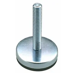 This non-skid male leveling mount features a fixed stud design with a 5/8"-11 thread size and a 2.8 in type. It has a round base with a rubber thrust pad and a plain finish, supporting a load capacity of 500 lb. Suitable for leveling and vibration control of machinery, conveyors, and workstations in industrial environments.