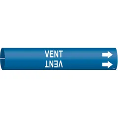 Blue snap-on pipe marker with white 'Vent' legend and directional arrows. Fits pipe outer diameters from 1-1/2 to 2-3/8 inches. Used to identify vent lines in industrial piping systems for clear labeling and safety compliance.