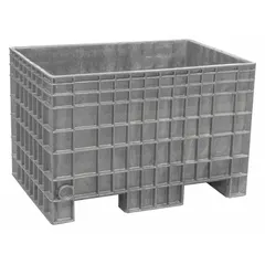 This rigid plastic bulk container has a 13.8 cu ft capacity and solid walls. It is stationary, stacking capable, and includes fork pockets for 2-way entry. Suitable for storing and transporting bulk materials in warehouses, manufacturing, and distribution centers.