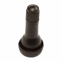 Snap-in tire valve stem with L-shape design and 180° valve stem angle for easy access in tight spaces. Constructed from black rubber with standard bore size and 0.305-32 thread. Suitable for maintaining tire pressure in automobiles.