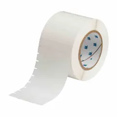 Thermal transfer precut label roll made of autoclavable polyester with gloss finish. Label height 1/2 in, width 1 in, roll length 1/2 in. Compatible with BBP11 printer series. Used for labeling equipment and instruments that require sterilization in medical, laboratory, and industrial settings.