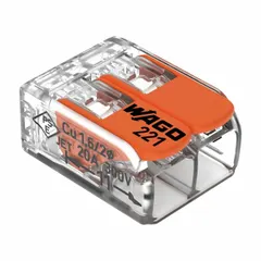 2-port lever wire connector for solid copper wires from 24 AWG to 12 AWG. Rated 32 A and 600 V. Lever-actuated clamping mechanism enables tool-free, reusable connections. Suitable for junction boxes, lighting fixtures, and control panels.