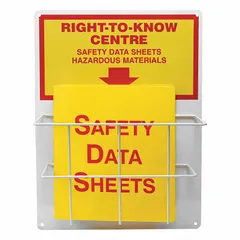 Wall-mount information center for posting safety notices, emergency procedures, or compliance documents in industrial facilities. Red housing signals critical information. Overall dimensions: 20 in height, 15 in width, 6 3/4 in depth. Mounting hardware not included.