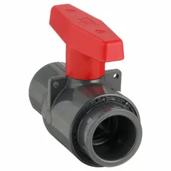 This 1-inch PVC ball valve features a straight, socket x socket configuration for manual on/off flow control. Rated for a maximum pressure of 235 psi (CWP), it is suited for use in water, chemical, and process lines where corrosion resistance is required.