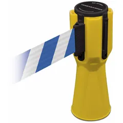 This barrier tape features a white plastic belt with a 9-inch height and a maximum length of 11 7/8 feet, housed in a yellow plastic casing for a 3/4-foot overall height. The blank legend allows for custom marking. Designed for use with traffic cones, it is suitable for demarcation and traffic control in industrial and construction areas.