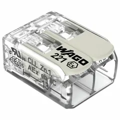 This WAGO lever wire connector is designed for hazardous locations, accepting solid wire sizes from 20 AWG to 10 AWG. Rated at 30 A and 440 V, it provides secure connections in environments where explosive gases or dust may be present. Suitable for industrial wiring in Ex-rated zones.