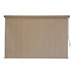 Pole-and-crank-operated outdoor shade with 6 ft fabric height in beige. Features 87% UV protection, right-side operation, and bungee-and-hook tie-down system. Suitable for patios, decks, and pergolas.