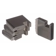 Set of four right-hand NPT pipe dies for threading 1-inch pipe. Constructed with steel and aluminum, these dies are used with manual or handheld power threaders to cut standard NPT threads on pipe.