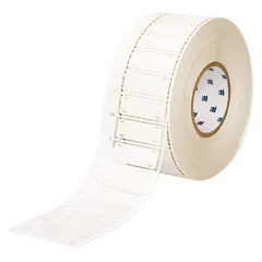 White aramid fiber tags with matte finish, 13/32 in x 2 3/16 in, for wire gauges 6 AWG to 0 AWG. Each roll contains 2,500 tags with corner holes, rated for outdoor use. Compatible with BBP11 printer series for on-demand printing.