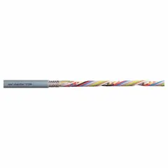This continuous flexing data cable features 14 conductors of 22 AWG with a PVC jacket rated for 300 V. It is flame retardant (FT-1) and designed for use in cable carriers on automated machinery, robotics, and material handling systems. Minimum bend radii: 5 x OD fixed, 8 x OD flexing, 10 x OD continuous flex.