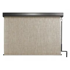 Exterior sun shade from the Titanium Plus Series with a 120-inch valence width, Caribbean fabric, and Oil Rubbed Bronze valance. Operated via pole-and-crank mechanism on the left side, it provides 90% UV protection and secures with a bungee-and-hook tie-down system. Suitable for patios, decks, and outdoor seating areas.