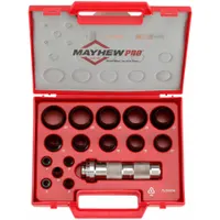 This 16-piece gasket punch set includes hollow punches in sizes 1 in, 3/8 in, 5/8 in, 7/8 in, and 4 3/4 in overall length, plus a 16 mm punch. Supplied in a vinyl case, it is used for cutting precise holes in gasket materials during fabrication and repair