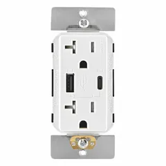 This weather-resistant decorator duplex receptacle combines a 125V AC, 20A outlet with integrated USB Type A and Type C charging ports. Suitable for indoor and outdoor applications where both AC power and USB device charging are needed, such as in kitchens, offices, and hospitality settings.