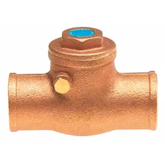 This inline swing check valve features a lead-free brass body with sweat x sweat connections for 2 in pipe size. It is used in plumbing and HVAC systems to prevent backflow, allowing flow in one direction only. The inline valve body design facilitates straightforward installation in copper tubing piping systems.