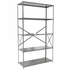 This heavy-duty standalone open metal shelving unit is constructed from steel with a gray finish. It measures 48 inches wide by 18 inches deep with an overall height of 84 inches and includes five shelves. Supplied unassembled, it is suitable for industrial storage in warehouses, factories, and distribution centers, providing visibility and airflow for inventory management.