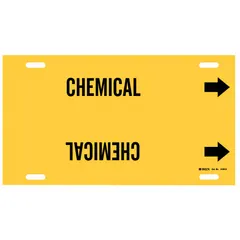 Yellow strap-on pipe marker with black legend reading 'Chemical' and directional arrows. Fits pipe outer diameters from 8 to 9-7/8 inches. Used to identify pipes carrying chemical substances in industrial facilities.