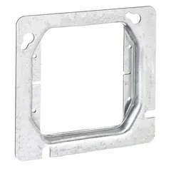 Steel plaster ring with raised cover design for mounting switches, outlets, or devices. Raised height of 1/2 in aligns with finished wall surfaces. Overall dimensions 4.69 in by 4.69 in. Suitable for use with standard electrical boxes in drywall or plaster applications.