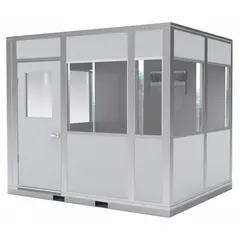 This PORTA-KING 4-wall assembled in-plant office features a gray vinyl-covered drywall finish with an aluminum frame. It includes six windows and has a Sound Transmission Coefficient of STC 25. Suitable for creating enclosed workspaces within industrial facilities, such as supervision offices or break areas.