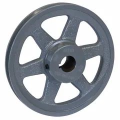 Shaft pulley for transmitting rotational motion between shafts via belt drive. Used in fans, blowers, and air-handling units for speed adjustment or torque transfer.