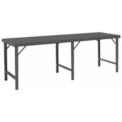 This steel-top worktable provides a 120 by 36-1/4 inch work surface with a 2,000 lb overall load capacity. It is constructed of steel and is not expandable or modular. Suitable for heavy-duty assembly, maintenance, and packaging tasks in industrial settings.