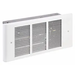 This register-style recessed electric wall heater operates on 120V AC, single-phase, and offers selectable wattage output of 375 W, 750 W, 1125 W, or 1500 W. It features a white grille and is non-programmable. Rough-in dimensions are 6-5/8 in x 14-3/8 in x 4-3/8 in. Suitable for supplemental heating in residential or light-commercial spaces.