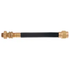This flexible tire valve extender is made of brass with a zinc-plated finish and a black hex shape. It is hand-bendable and designed for large-bore valves with a compatible thread size of 31/64"-26. Used to extend tire valve stems on trucks, heavy equipment, and industrial vehicles where access is restricted, making inflation and pressure checks easier.