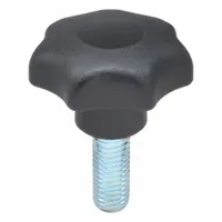 7-arm knob with threaded stud for manual adjustment and clamping on industrial machinery, jigs, and fixtures. Features a 50 mm diameter, M12 thread, and 35 mm thread length. Constructed from plastic with a steel threaded insert