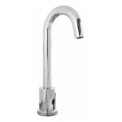 This single-post sensor faucet is constructed of brass with a polished chrome finish. It operates on battery power and includes mounting hardware. Typical applications include commercial and institutional bathrooms where touch-free operation supports hygiene and water conservation.