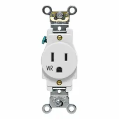 Single general-purpose receptacle rated 125V AC, 15A, NEMA 5-15 configuration, 2-pole/3-wire grounding. White finish. Suitable for use in outdoor or damp locations where weather resistance is required.