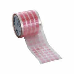 Polyester film discs with 3/8 in diameter and 2 mil thickness, red color. Supplied in packs of 2,000. Used for masking holes and threads during powder coating, plating, and painting processes where high temperature resistance is required.