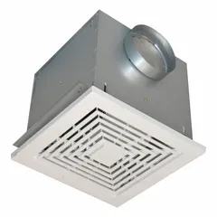 Ceiling-mounted bathroom exhaust fan with round duct connection. Operates at 115V AC with variable speed control. Includes backdraft damper. Maximum airflow 163 cfm at 1.5 sones. No heater or sensor.