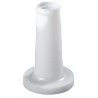 This white polyethylene pourer container lid includes necks for controlled dispensing. It measures 6 inches in overall height and 3 1/2 inches in overall diameter. Suitable for use in foodservice, industrial kitchens, and chemical handling applications where spill-resistant pouring is required