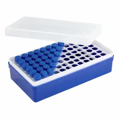 This crushed ice microtube rack holds up to 72 tubes securely in crushed ice during cold-chain sample processing. Made of white polypropylene, it resists corrosion and thermal shock. Dimensions: 3 3/4 in wide, 2 in high, 7 in long.