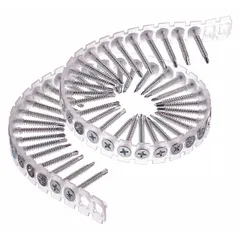 Collated drywall screw for high-speed auto-feed screwdrivers. #6 screw size, 1-5/64 in length, steel with phosphate coating. Bugle head for flush seating, #2 drive. 4,000 pieces per pack.